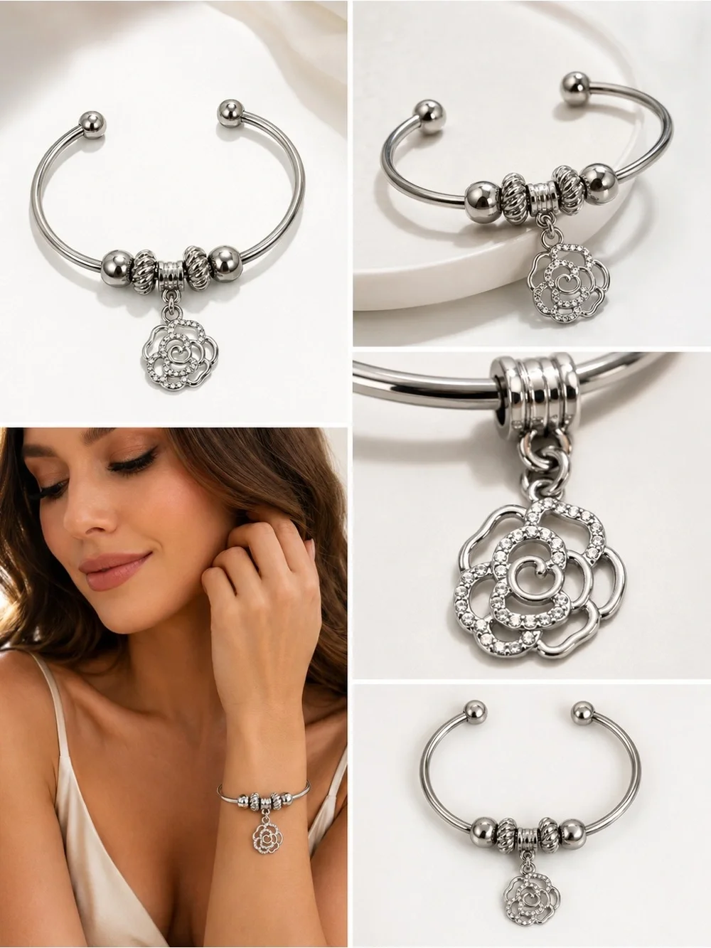 Silver Open Cuff Bangle Bracelet with Crystal Rose Charm Beads